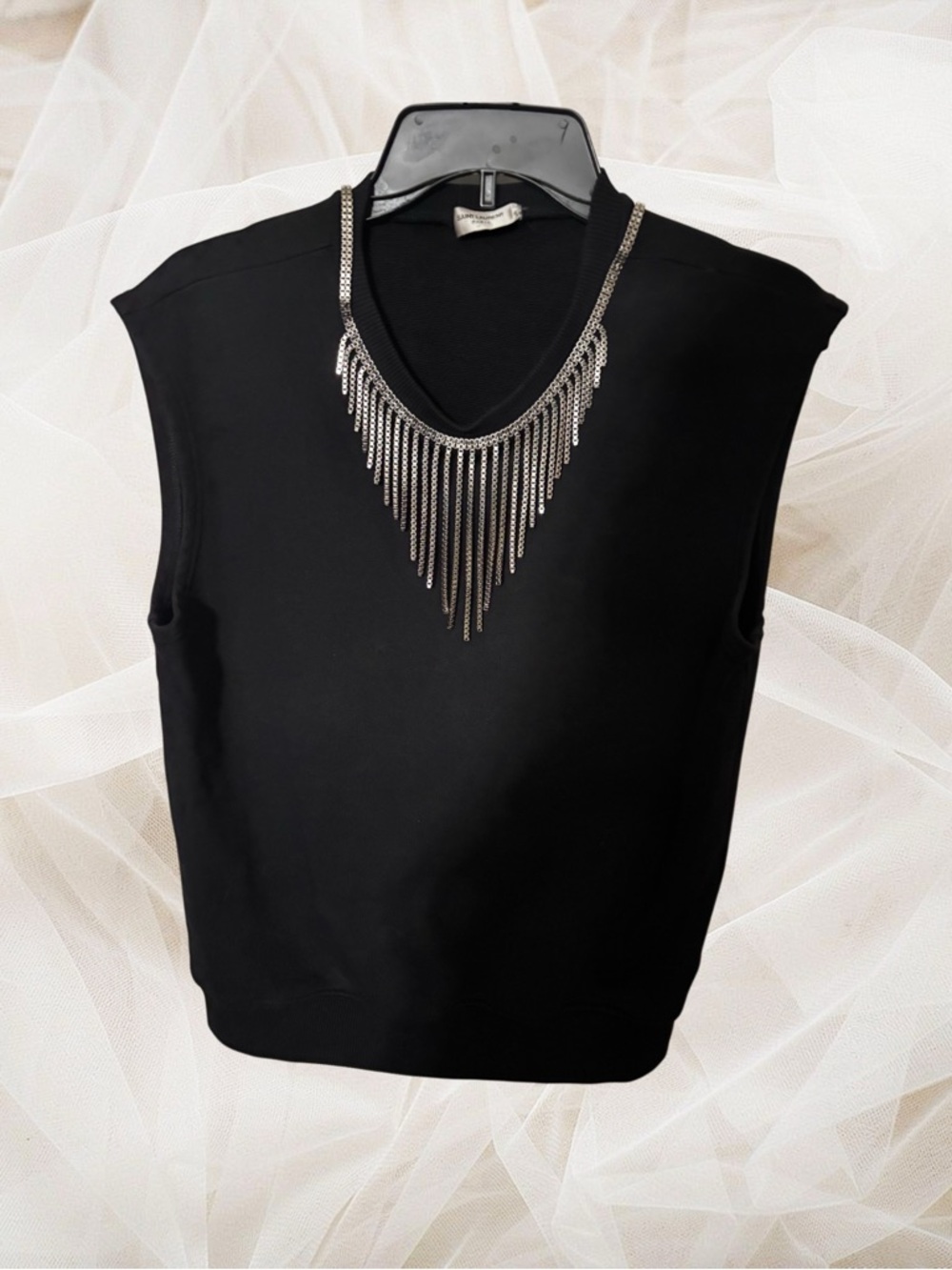 Saint Laurent Black Sleeveless Sweatshirt with Chain Fringe Detail